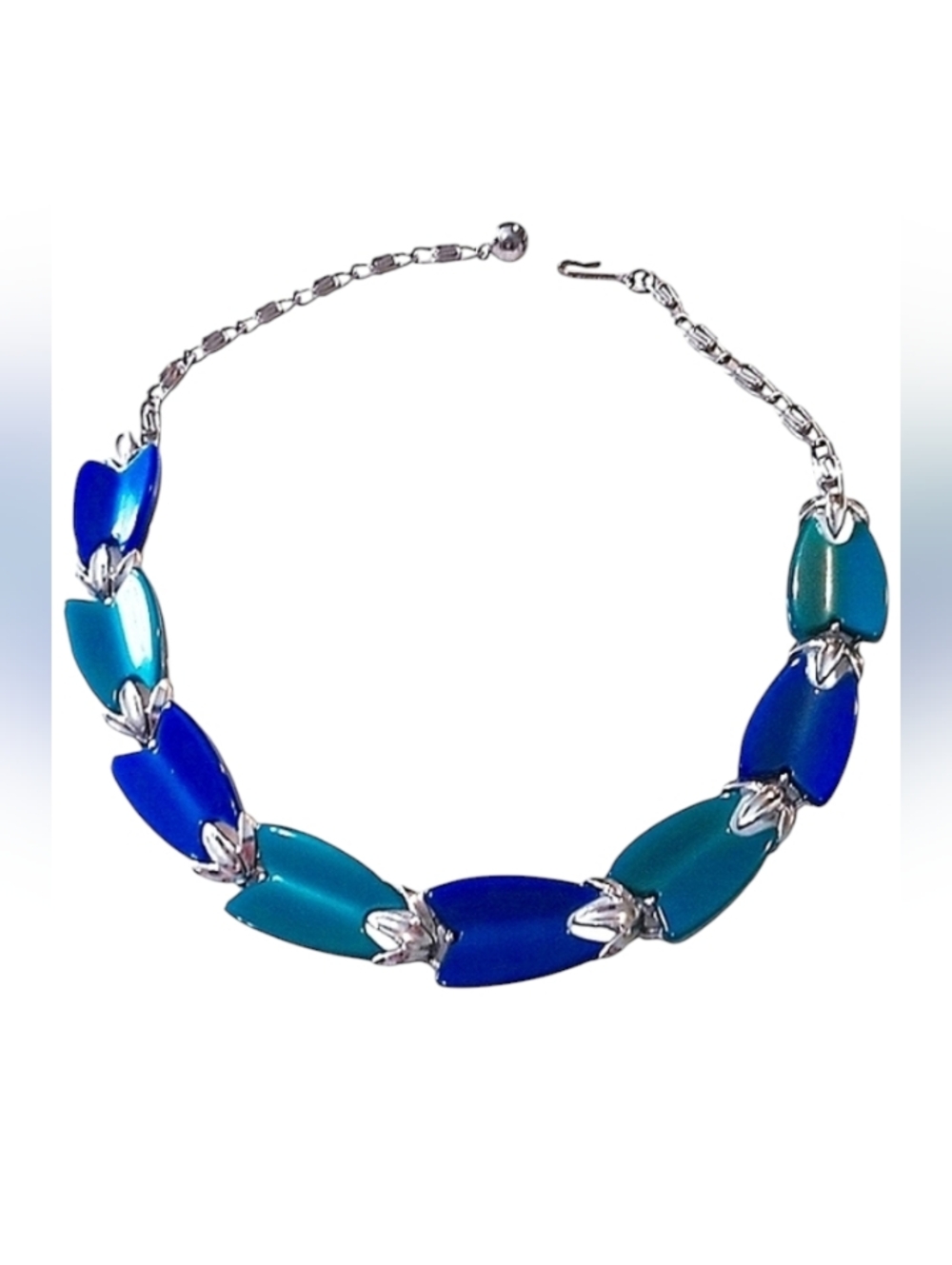 Lisner Blue and Teal Thermoset Tulip Necklace 1950's Vintage Authentic